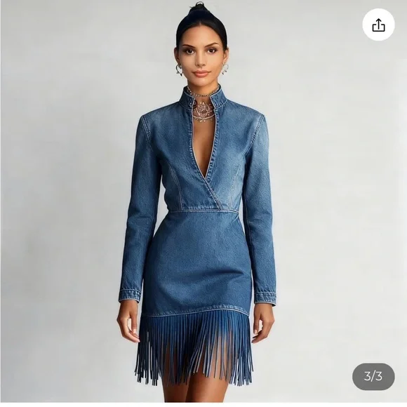 Elegant Blue Denim Fringe Dress - Picture 2 of 6